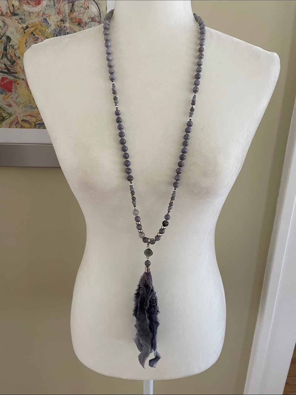 VINTAGE GREY BEADED TASSEL MALA NECKLACE Silvertone Ribbon Statement Pendant